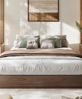 Rock Solid Wooden Queen Platform Bed Frame With Sleek Modern Lines And A Warm Natural Wood Finish, tidy bedroom setup with neutral decor.