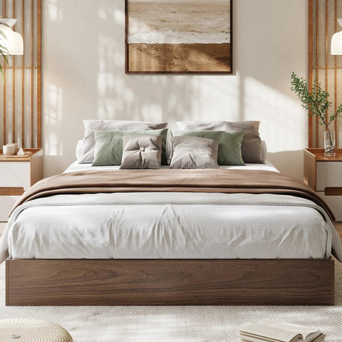 Rock Solid Wooden Queen Platform Bed Frame With Sleek Modern Lines And A Warm Natural Wood Finish, tidy bedroom setup with neutral decor.