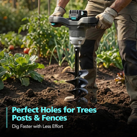 Gardener using 40V Cordless Brushless Earth Auger With 6 Inch Bit No Gas Fumes Post Hole Digger in garden soil