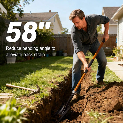Person using Heavy Duty Trench Shovel For Clean Trenches With Fiberglass Handle 58 Inch Long 4 Inch Trenching Shovel in backyard.