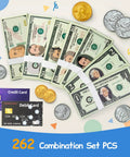 Kid Friendly Realistic Play Money Set With Bills And Coins, Hands On Math Manipulatives displayed with cards, ideal for ages 3 plus.