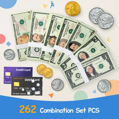 Kid Friendly Realistic Play Money Set With Bills And Coins, Hands On Math Manipulatives displayed with cards, ideal for ages 3 plus.
