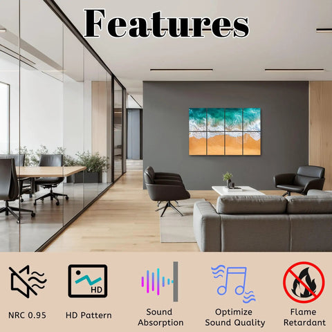 Ocean Wave Acoustic Wall Panels To Soak Up Room Echo Self Adhesive Coastal Design Tiles in a modern office setting.