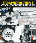V8 Engine Model Kit For Teens And Adults Build Your Own Realistic Mini V8 With Visible Combustion Chambers Functional DIY Engineering STEM Toy 535 Piece Cool Hands On Learning Project For Ages 14 And Up, showing transparent cylinder head and gears close-up.