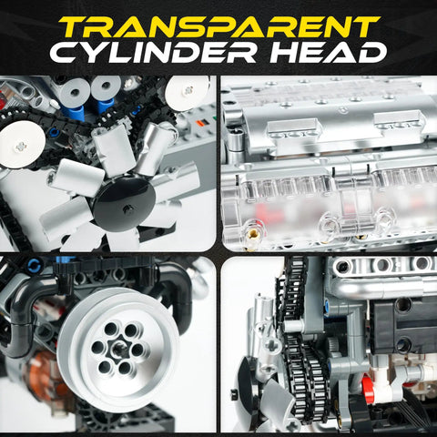 V8 Engine Model Kit For Teens And Adults Build Your Own Realistic Mini V8 With Visible Combustion Chambers Functional DIY Engineering STEM Toy 535 Piece Cool Hands On Learning Project For Ages 14 And Up, showing transparent cylinder head and gears close-up.
