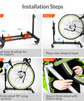 Installation steps for Vertical Bike Stand Freestanding Rack with adjustable height, 360-degree lockable wheels, portable indoor use.