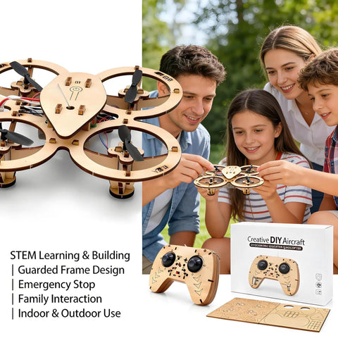 Family assembling Wooden RC Drone Kit With Snap Together Design No Glue Needed Beginner Friendly Remote Control Quadrotor Flying Toy.