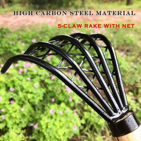 Close-up of a Five Claw Garden Rake Dethatching Tool with high carbon steel claws for soil weeding and leaf removal.