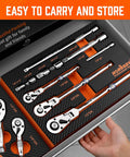 10 Piece Flex Head Ratchet Set With 1/4, 3/8, And 1/2 Inch Drives, 90 Tooth Quick Release in packaging, includes extensions and adapters