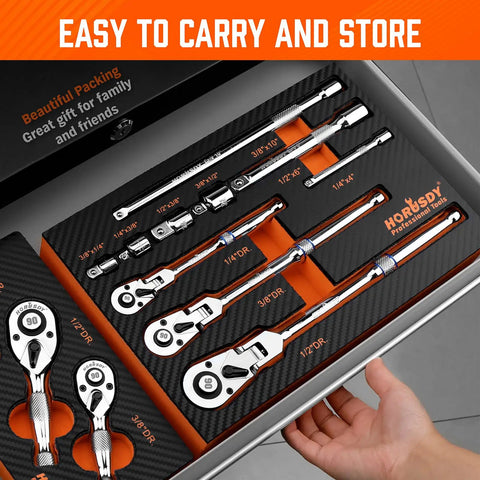 10 Piece Flex Head Ratchet Set With 1/4, 3/8, And 1/2 Inch Drives, 90 Tooth Quick Release in packaging, includes extensions and adapters