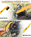 Bike Chain Cleaner Kit With Bicycle Cleaner Degreaser Lubricant And 12 Piece Cleaning Set showing sprocket brush and scraper in use