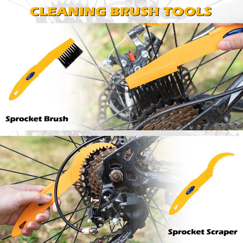 Bike Chain Cleaner Kit With Bicycle Cleaner Degreaser Lubricant And 12 Piece Cleaning Set showing sprocket brush and scraper in use