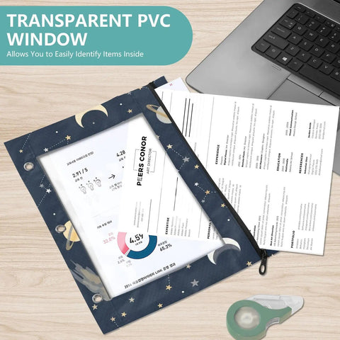 Constellation Navy Coupon Organizer With Zipper for School Supplies on desk with transparent window showing documents.