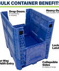 Heavy Duty Collapsible Bulk Box 48x40x33 Inch Plastic Storage Tote showing drop doors, locking latches, and collapsible sides.
