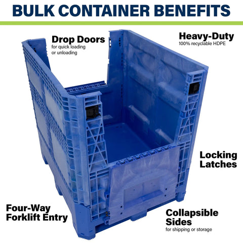 Heavy Duty Collapsible Bulk Box 48x40x33 Inch Plastic Storage Tote showing drop doors, locking latches, and collapsible sides.