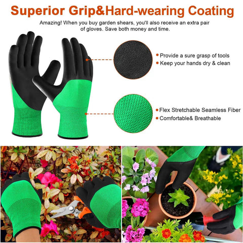 3 Pack Garden Pruning Shears With Stainless Steel Blades, Ergonomic Non Slip Handles, visible with green gardening gloves