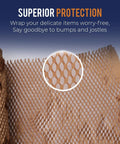 Close-up of Eco Friendly 12x150ft Packing Paper with Rope and 20 Fragile Stickers, showing brown honeycomb texture.