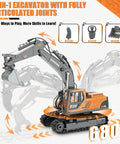 Rugged 3-In-1 RC Excavator Toy For Kids Ages 3-12 showing interchangeable attachments and rotating 680-degree arm.