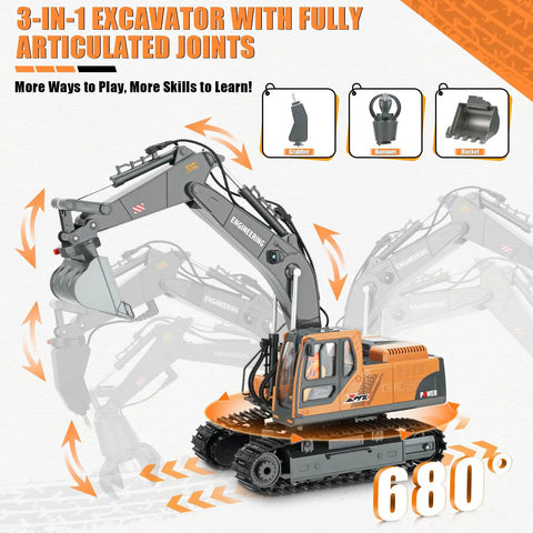 Rugged 3-In-1 RC Excavator Toy For Kids Ages 3-12 showing interchangeable attachments and rotating 680-degree arm.