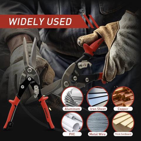 Image of 12 Inch Aviation Snips For Long Straight Cuts In Tin And Metal Sheets Heavy Duty CR MO Metal Cutters shown cutting metal