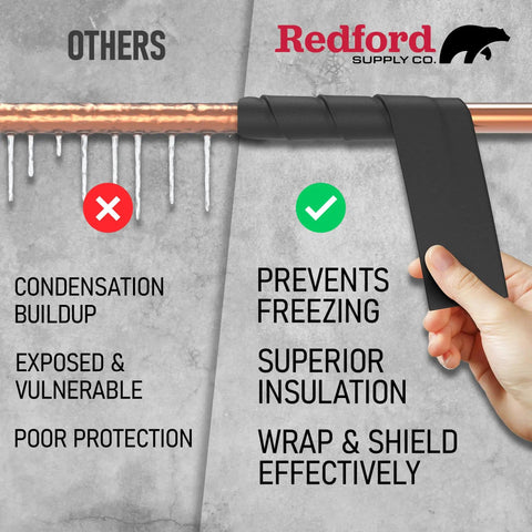 Heavy Duty Foam Pipe Insulation Wrap 2 Inch By 14 Ft Outdoor Water Line Freeze Protection For Copper PVC And AC Lines With Gorilla Strength Adhesion And 25 Year Weatherproof Shield shown wrapping a copper pipe preventing condensation.