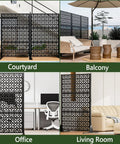 72 Inch Metal Outdoor Privacy Screen Panel with Rust Resistant Powder Coat in various settings, courtyard, balcony, office, living room