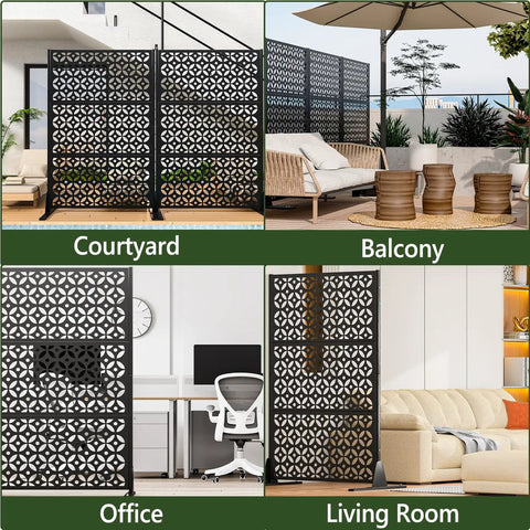 72 Inch Metal Outdoor Privacy Screen Panel with Rust Resistant Powder Coat in various settings, courtyard, balcony, office, living room