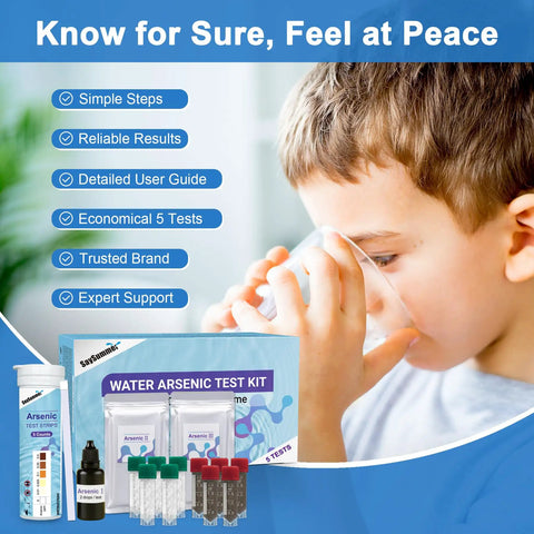 Arsenic Water Test Kit With 5 Tests For Drinking Well And Tank Water Ranges Up To 500 Ppb Or 0.5 Ppm, kit components displayed with a child drinking water.