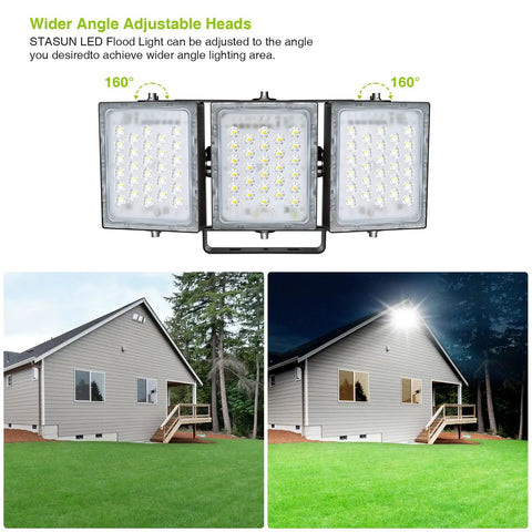 Heavy Duty Outdoor LED Flood Light 150W 13500LM 6000K Daylight White With 3 Adjustable Heads IP66 Waterproof Exterior Security Lighting For Yard Street Parking Lot showing adjustable heads and night lighting