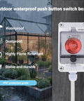 Outdoor waterproof push button switch box in rainy setting, labeled features including waterproof, dustproof, flame retardant, and durable design