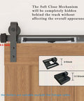 Hole-Free Barn Door Soft Close Mechanism installed on wood door, upgraded sliding door hardware with spring buffer damper visible