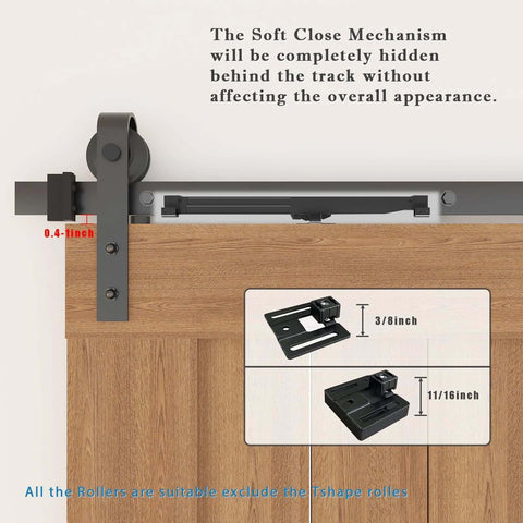 Hole-Free Barn Door Soft Close Mechanism installed on wood door, upgraded sliding door hardware with spring buffer damper visible