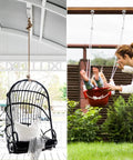 Two Pack Swing Hanger Set 304 Stainless Steel Beefy Heavy Duty Ceiling Mount Swivel Hooks 1763 Lbs Capacity For Hammock Chair Yoga Punching Bag Indoor Outdoorshowcased supporting a black hanging chair.