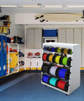 Adjustable Wire Spool Rack With Six Rods and Built In Wheel in garage with organized spools for wall mount display storage