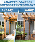 Heavy Duty 45 Degree Pergola Brackets 8 Piece Set shown in sunny and rainy outdoor settings for wooden post support.