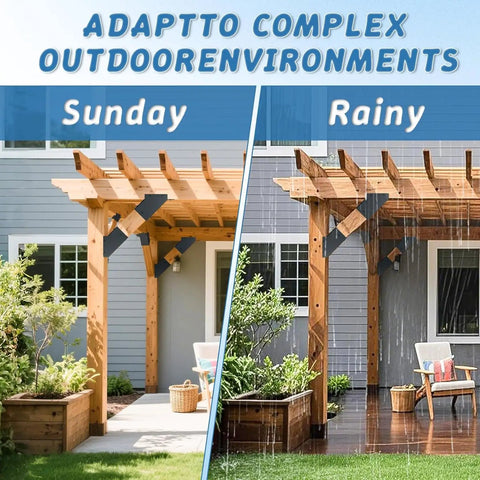 Heavy Duty 45 Degree Pergola Brackets 8 Piece Set shown in sunny and rainy outdoor settings for wooden post support.