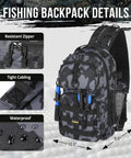 Waterproof Fishing Backpack With Tackle Boxes And Rod Holder For All Weather Gear Durable Sling Bag With Padded Straps black camo