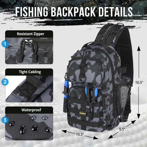 Waterproof Fishing Backpack With Tackle Boxes And Rod Holder For All Weather Gear Durable Sling Bag With Padded Straps black camo