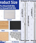 Diagram showing 18 Piece Drywall And Cutting Drill Bit Set For Wood Plastic And Drywall One Eighth Inch Bits Multipurpose M2 High Speed Steel.
