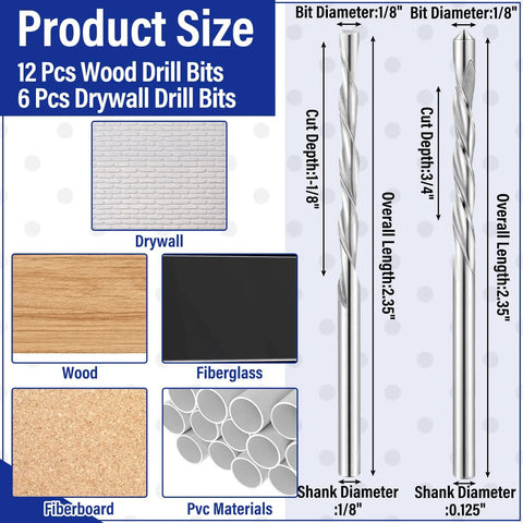 Diagram showing 18 Piece Drywall And Cutting Drill Bit Set For Wood Plastic And Drywall One Eighth Inch Bits Multipurpose M2 High Speed Steel.