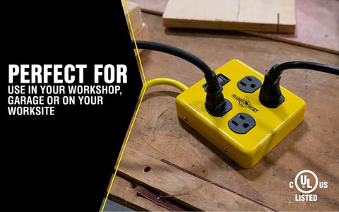 Heavy Duty Metal Power Block With Four Grounded Outlets, Lighted Switch on wooden surface, 14 Gauge for workshop use