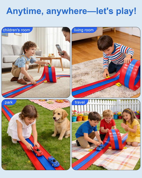 Children playing with Three Lane Flexible Race Track For Kids With 16.4ft Roll Up Layout Suction Cup Gravity Ramp in various settings.