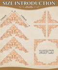 Twenty Piece Wood Applique Corner Onlay Set For DIY Furniture Decor showing four ornate carved designs and measurements
