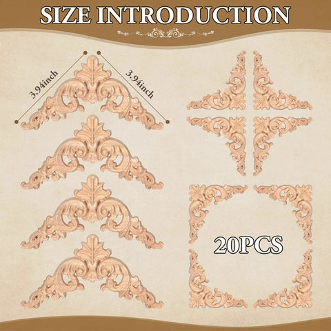 Twenty Piece Wood Applique Corner Onlay Set For DIY Furniture Decor showing four ornate carved designs and measurements