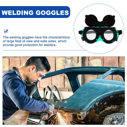 Kick Ass Flip Up Welding Goggles Heavy Duty Safety Glasses Rugged 2 Pack Welder Shades With Shock Absorbing Lenses To Block Hot Sparks Flying Debris And Glaring Bright Light Built Different For Serious Pro Projects displayed on a worker grinding metal.