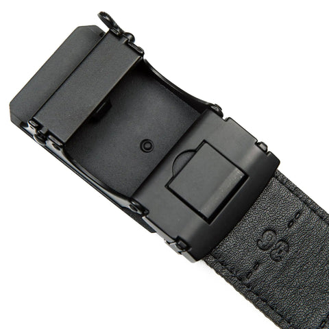 Close-up of gunmetal ratchet buckle on Men's Nylon Webbing Work Belt With Ratchet Buckle Tough As Nails Heavy Duty Tactical Utility Gear For Outdoor