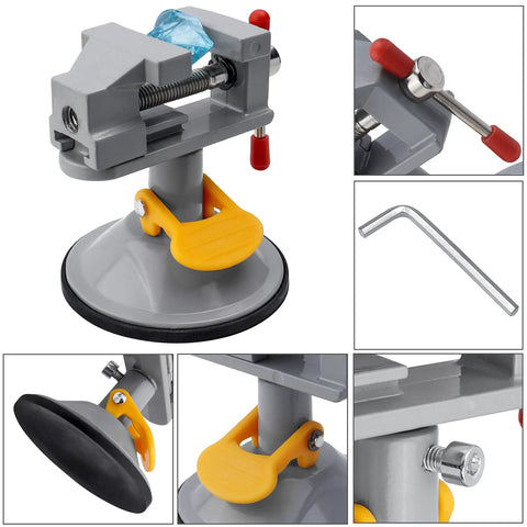 Mini Bench Vise With 360 Degree Swivel Suction Base Small Table Clamp Workbench Vise For Jewelry Making with accessories shown