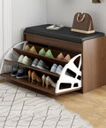 Flip Open Wooden Shoe Cabinet With Padded PU Bench Seat And Heavy Duty Metal Hinges, secret tipping bucket storage showcasing shoe organization.