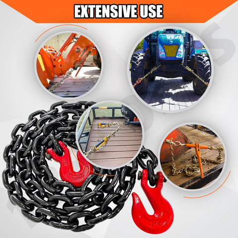 Beefy Half Inch G80 Trailer Tow Chain Ten Foot With Red Clevis Grab Hooks EP Black Finish 12000 LB WLL in various uses