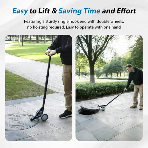 Person using Heavy Duty Manhole Cover Hook With Double Wheels For Easy One Person Lifting Of Storm Drains Sewer Lids